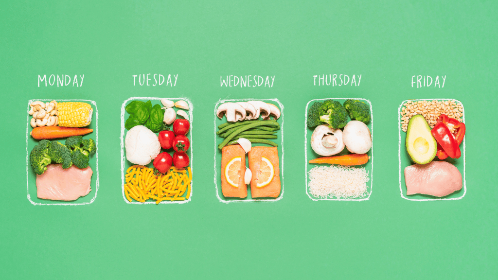 This image illustrates a weekly meal planning concept with individual meal components laid out in containers labeled Monday through Friday against a vibrant green background. Each container has a balanced assortment of ingredients: Monday features salmon, broccoli, carrots, corn, and cashews; Tuesday includes chicken, tomatoes, mozzarella, basil, and pasta; Wednesday has green beans, mushrooms, salmon with lemon slices, and rice; Thursday shows chicken, broccoli, mushrooms, and carrots over rice; Friday presents a well-rounded meal with chicken, avocado, red bell pepper, mushrooms, and pine nuts. This visual representation emphasizes the importance of variety and nutrition in promoting healthy eating habits through prepared meal delivery services.