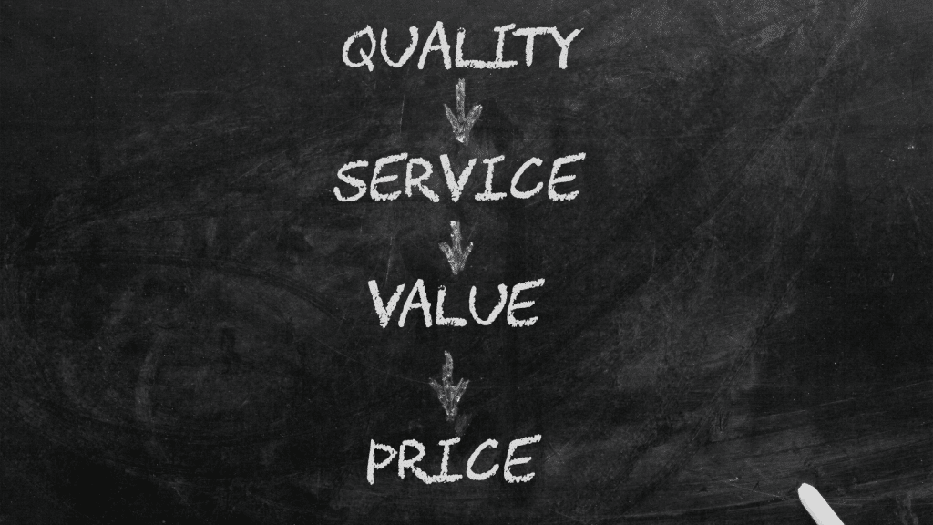 This image features a chalkboard with the words "QUALITY," "SERVICE," "VALUE," and "PRICE" written in white chalk, arranged vertically with arrows pointing downwards from one to the next. This visual hierarchy represents the factors to consider when comparing prices of prepared meal delivery services, emphasizing how quality leads to service, which creates value, and ultimately influences the price. A piece of white chalk lies at the bottom right, suggesting the potential for adding more criteria or notes.