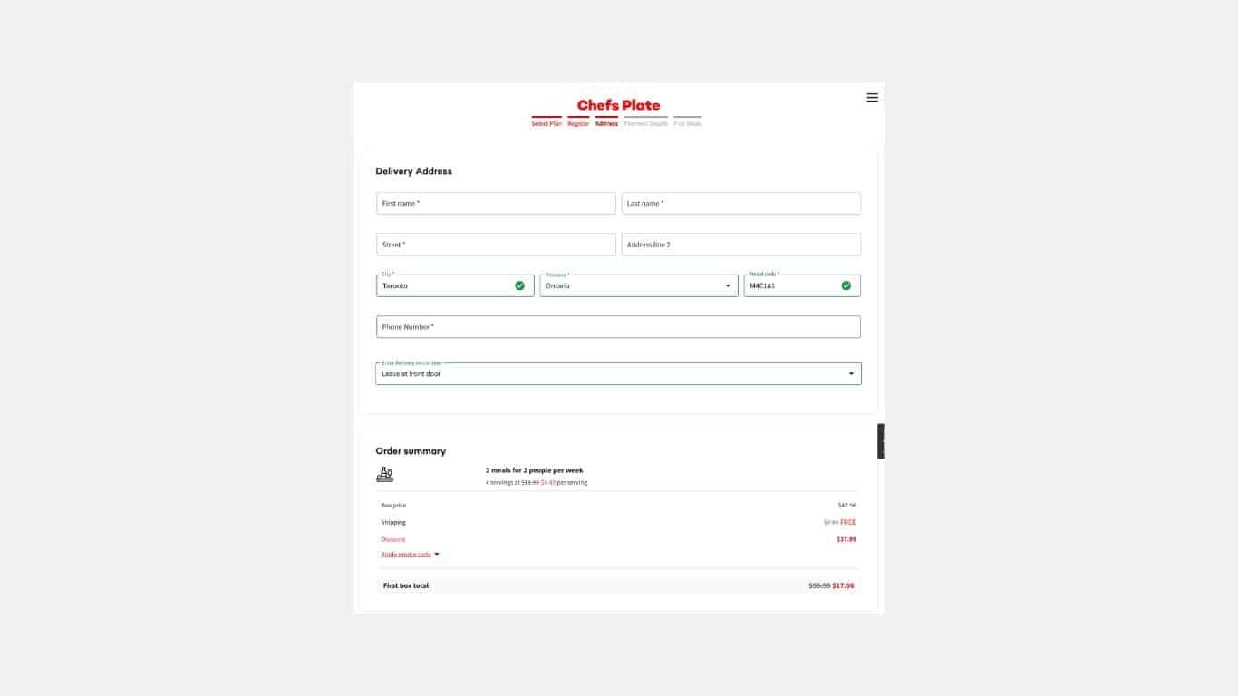 Chefs plate delivery area postal code