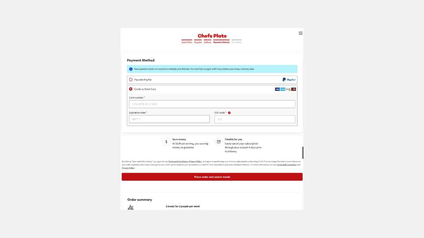 Enter payment details, to move on to the next step in chefs plate Ontario.