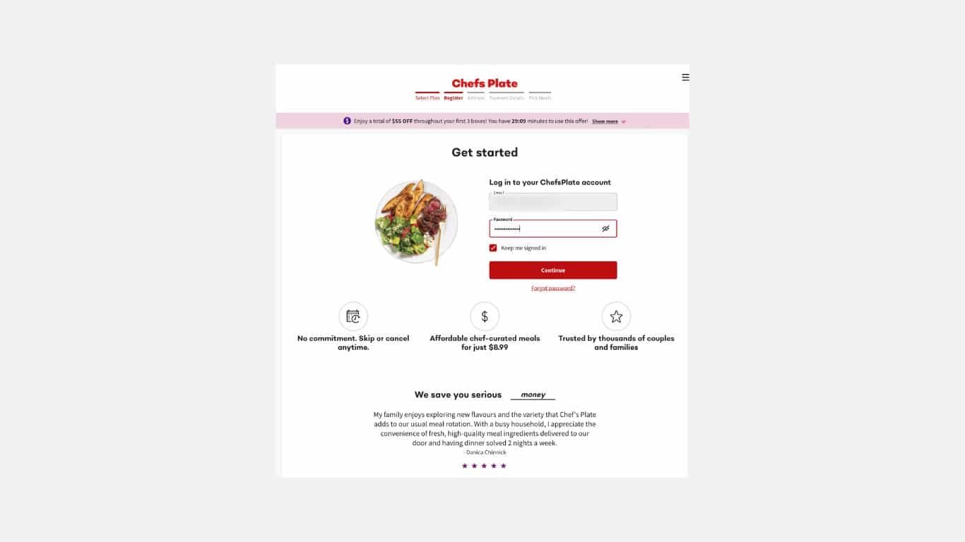Image of registration page, does chefs plate deliver to my ares.
