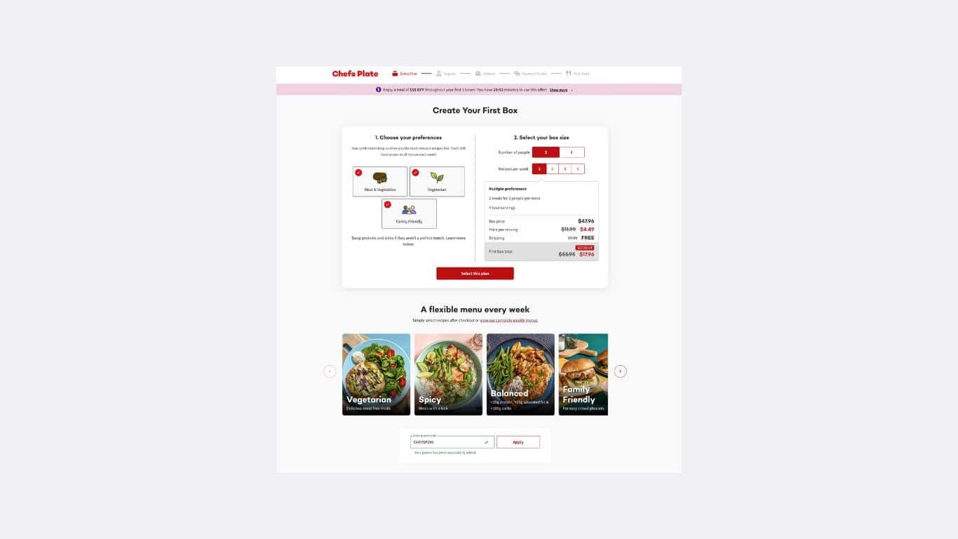 Step 1 on Chefs Plate's site showing meal preferences for checking delivery in your area.