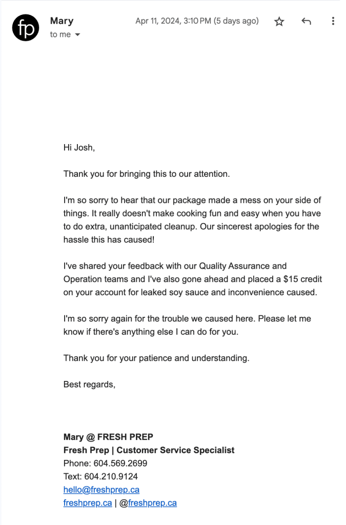 An email response from Mary at the Fresh Prep customer service.